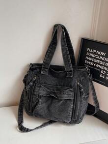 Túi tote jeans nhiều ngăn thời trang mới, túi đeo vai cỡ lớn đa năng dành cho nữ, túi đi học kiểu sinh viên, túi đeo chéo jeans cỡ trung, phù hợp cho đi làm, mua sắm, sử dụng hàng ngày và đi học, hoàn hảo cho phong cách cao bồi. - màu đen - Xem 11