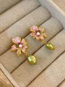 Natural Faux Pearl Flower Earrings For Women, Vintage & Antique Style, Unique Design, New Chinese Style Ear Studs With Elegant Quality, 2025 New Arrival Valentines - 彩色 - 查看 13