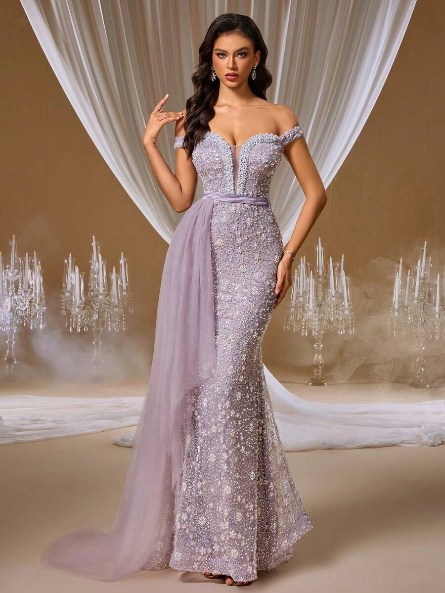 GIFORU 奢华薰衣草色透明雪纺晚礼服 - 优雅深 V 领美人鱼礼服，搭配珍珠管刺绣和幻觉背部，浪漫婚礼宾客礼服，适合花园庆典/正式庆典/周年庆典