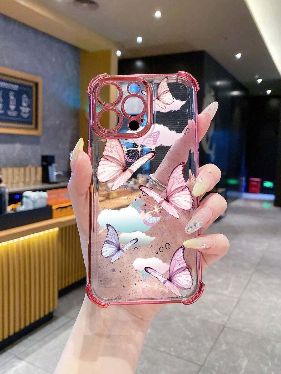 1 件粉色蝴蝶防震电镀相机保护套手机壳，适用于三星/苹果/Galaxy/Infinix/Redmi/OPPO/VIVO/Realme