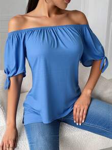 Blusa escote hombros descubiertos mangas lazo - Azul - Ver 2