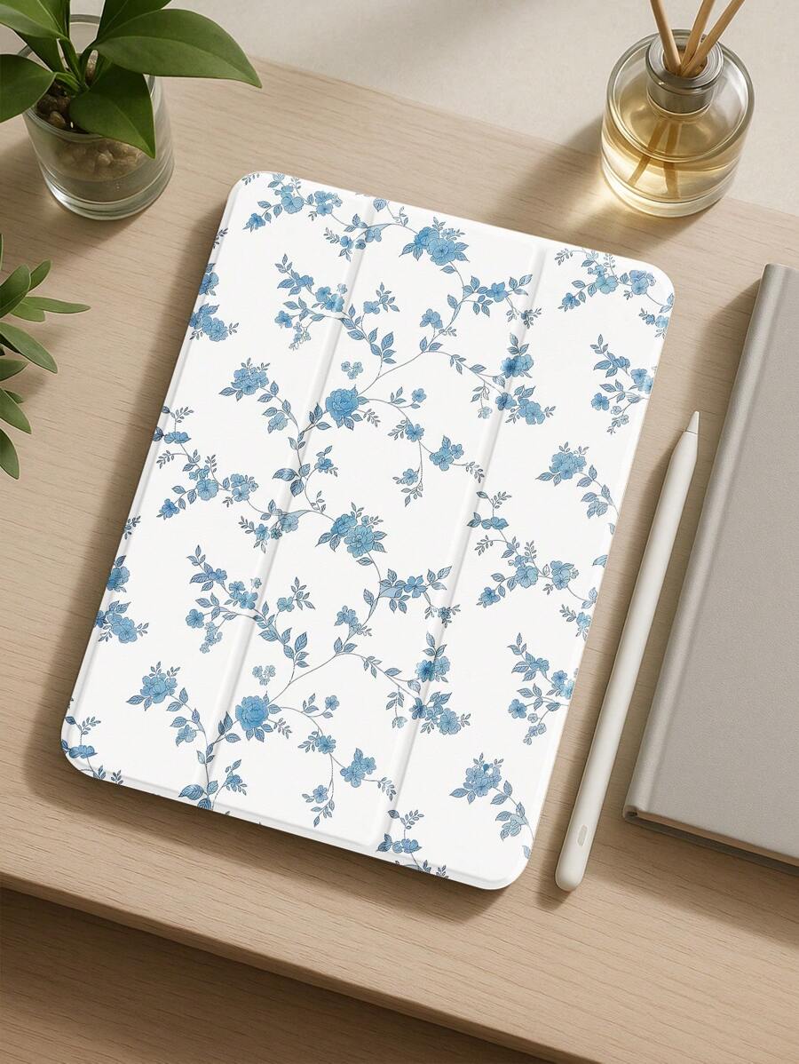 1pc Blue Floral Painting Pattern Transparent Silicone Anti-Drop Protective Cover With Pen Holder, Support Sleep & Wake Function Compatible With Huawei, , IPad, , Holiday Gift