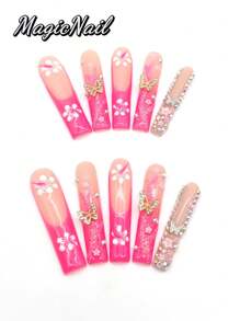 10 Pieces Of Pure Hand-Pressed Wearing Nail, Press On Nails,55mm Long Nail Pieces, Flesh-Colored Red Contrast, Hand-Painted White Flowers, 3D Gold Butterfly Ornaments, 3D Pink Small Flower Embellishment, Red Glitter Pink Drawing Lines, Glitter Diamond Embellishment. Spring And Summer Style, Cute Nail Plate, Can Be Reused.