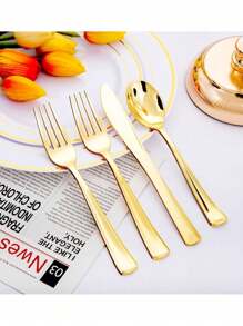 150pcs/75pcs Decorative Silverware Set (Plastic) - Including 50pcs Forks, 25pcs Knives, 25pcs Tablespoons - Reusable Wedding Cutlery Set For Dining, Parties, Dinners, Weddings, Kitchen And Valentine's Day,School Supplies