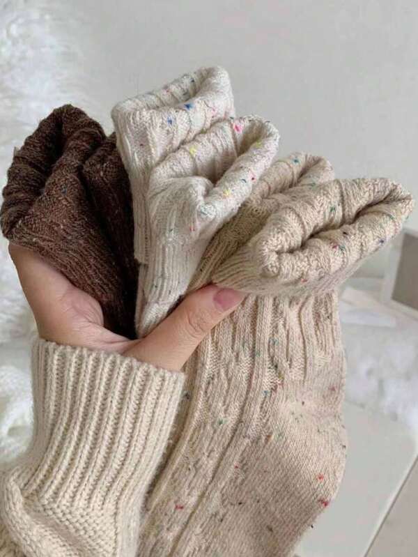 3pairs Women's Thick Warm Wool Vintage Style Mid-Calf Socks For Autumn And Winter