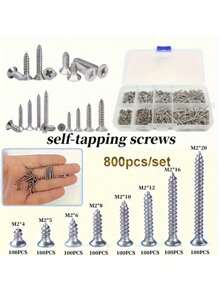 800pcs M2 Stainless Steel Flat Head Self-Tapping Screws Set, Locking Wood Screws Combination, Self-Tapping Woodworking Fasteners Screws, Suitable For Fixing Wood And Metal, 4/5/6/8/10/12/16/20mm