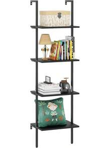 Ladder Shelf 4 Tiers Metal Industrial Bookshelf,Black Wooden Tall Open Storage Rack And Display Shelves,Wall Mount Wide Book Case For Home Office Bedroom,Small