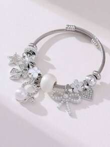 1 Stück elegante Strass Perlen Charme Katze Schleifen Perlen Anhänger Edelstahl Armband, geeignet als dekoratives Accessoire für Damen zu Banketten und Partys, Geschenk zum Valentinstag