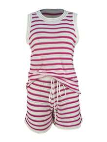 Women's Casual Striped Crew Neck Sleeveless Knit Top And Drawstring Waist Knit Shorts Hollow Out Set - Pink - View 4