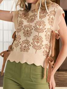 Chaleco de punto con flores para mujer, con ribete festoneado, cuello redondo, lazo lateral, suéter sin mangas, tops informales, ropa de calle - Caqui - Ver 4