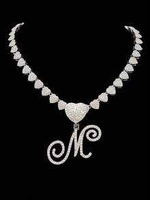1pc Women's Letter Pendant Necklace With 20-Inch Fully Diamond Heart Necklace, Fashionable Retro Hip Hop Pendant Necklace, Elegant Valentine's Day Gift Suitable For Women And Girls For Daily Wear Or Parties
