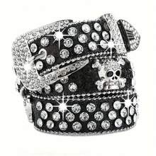 Cinturón de piel de imitación de unicolor con tachuelas, calavera y strass para mujeres y niñas, ideal para vaqueros y pantalones - Negro - Ver 2