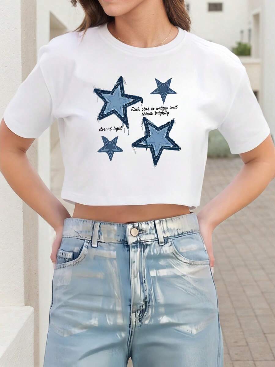 Women's Denim Star Crop Tee Shirt Top Exposed Navel T-Shirt , Women's New Summer Casual Crew Neck Pure Cotton Short-Sleeved T-Shirt(1 PC) - White - View 1