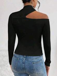 Women's T-Shirt Blouse Suplex Fabric Long Sleeve High Neck Asymmetrical Cut Ideal For Meetings And Casual Use - màu đen - Xem 2