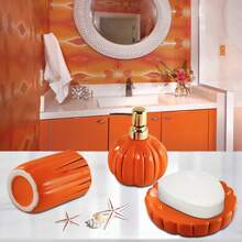 1 zestaw ceramicznych akcesoriów łazienkowych (3 sztuki), dekoracja łazienki z dynią na Halloween, jesienne zestawy łazienkowe, uchwyty na szczoteczki do zębów, dozownik do mydła, mydelniczka, organizer łazienkowy na blat kuchenny, ceramiczny dozownik do mydła w płynie o zapachu wdzięcznej dyni,