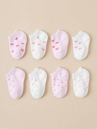 8 Pairs Baby Heart Print Ankle Socks - Soft Infant Crew Socks Set