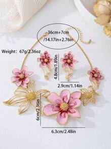Conjunto de 3 peças de colar e brincos com pingente floral esmaltado elegante, adequado para roupas femininas do dia a dia e de férias, presente