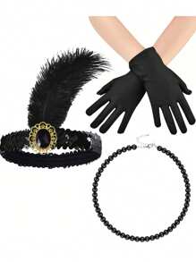 D EXCEED Set de 3 accesorii pentru flapper anii 1920: colier cu perle artificiale, bentiță și mănuși pentru femei - Costum de petrecere de Halloween anii 1920