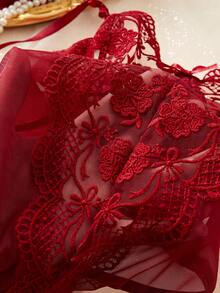 Valentine's Day Pajamas Style Sexy And Aesthetic Wine Red Lace Floral Embroidery Lingerie Set - Đỏ - Xem 6