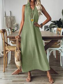 Vestido Longo Simples Sem Mangas de gola V para com colete, vestidos soltos sem mangas retrô de verão - Verde - Visão 6