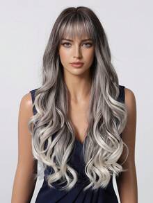 24 英寸长黑棕色波浪假发，女士黑色卷发，带空气刘海，水波假发，合成耐热纤维假发，适合日常派对使用 - 漸變灰色 - 查看 3