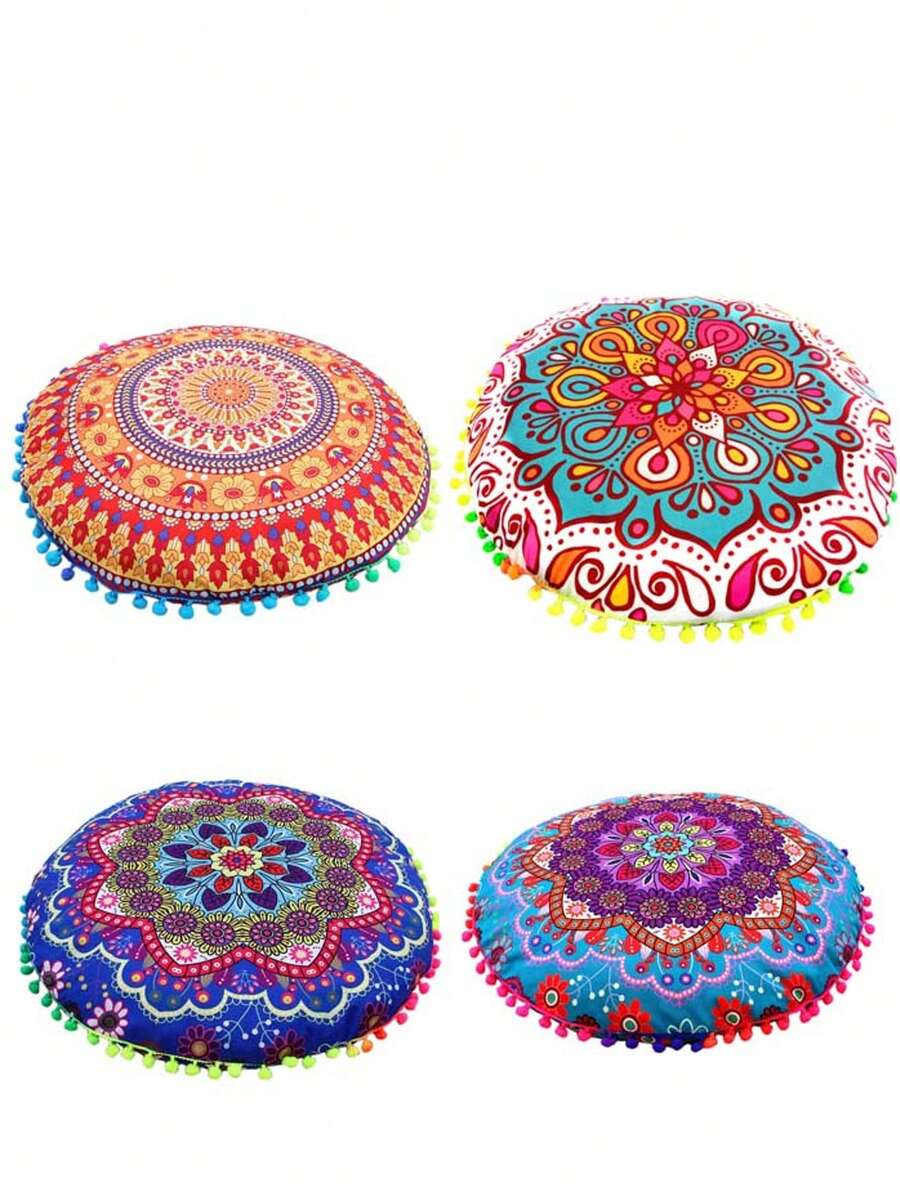 4Pack 17" Mandala Round Floor Pillow Cover Cushion Meditation Seating Ottoman Throw Cover Hippie Decorative Zipped Bohemian Pouf Pom Pom Pillow Case - Style-3 - 查看 1