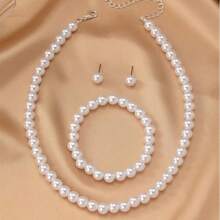 4 Peças/Conjunto Conjunto de Joias Minimalista de Colar, Pulseira e Brincos com Pérolas, Adequado para Jantar à Noite, Encontro, Festa, Combinação de Moda