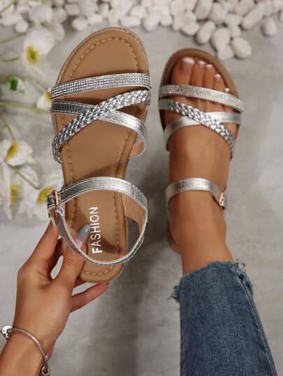 Handvävda strassremmar med bekväma platta sandaler för kvinnor, utomhushandel, vår- och sommarkläder