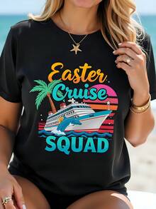 Camiseta gráfica Easter Cruise  de algodón negro, cuello redondo, manga corta, 180 g, para mujer, ideal para vacaciones de primavera, crucero, playera moderna, talla grande para mujer - Negro - Ver 1