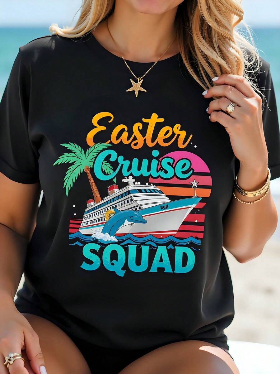 Camiseta gráfica Easter Cruise de algodón negro, cuello redondo, manga corta, 180 g, para mujer, ideal para vacaciones de primavera, crucero, playera moderna, talla grande para mujer - Negro - Ver 1
