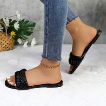 lunryet Women's Square Open Toe Slides Braided Woven Single Band Slip On Flat Sandals Tua-1 - Black - View 5