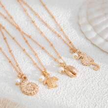 1pc Ocean Themed Sea Horse & Turtle Alloy Pendant Necklace, Minimalist Pearl Bead Strand Choker Necklace