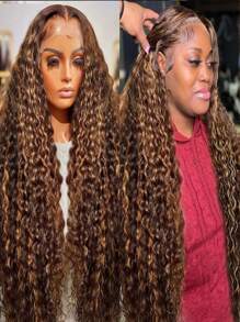 1 Parrucca lunga ondulata con frontalino in pizzo, lunghezza 30-34 pollici, capelli umani con ombre e riflessi color miele biondo, parrucca da donna con capelli naturali ondulati