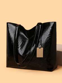 女士时尚鳄鱼压纹手提包，容量大，时尚耐用，适合日常使用 - 黑色 - 查看 11