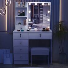 White Vanity Table Set With Lighted Mirror, Stool, Drawers, Multi-Level Shelves, Makeup Dressing Table With LED Bulbs - Adjustable Lighted Modes - Dressing Table Set With LED Sliding Mirror For Girls Bedroom - 白色 - 查看 10