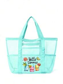 网状沙滩包大号沙滩手提包，带拉链封口的多用途整理袋，可折叠方便大号网状手提包轻便，适合家庭使用沙滩包，可装玩具和度假必需品，书包，大容量，防水，轻便，便携，可折叠