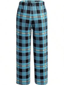 Boys Pajama Pants Long Sleep Soft Elastic Waist Bottoms Plaid Lounge With 2 Pockets 4-14 Years - Blue - View 2