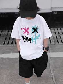 Boys & Teens' Casual Graphic Print Round Neck Short Sleeve T-Shirt, Summer Top - 白色 - 查看 1