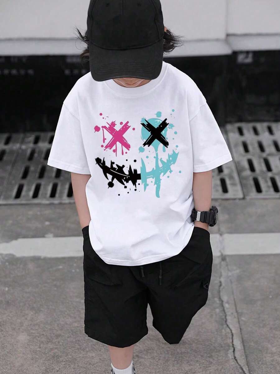 Boys & Teens' Casual Graphic Print Round Neck Short Sleeve T-Shirt, Summer Top - 白色 - 查看 1