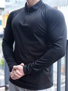 1 Men's Half Zip Solid Color Hoodie With Raglan Sleeves, Slim Fit, Suitable For Fitness, Running, Sports, Outdoor Sports Tops