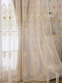 1 件奢华双层刺绣遮光窗帘，带 3D 浮雕花朵薄纱面料，现成，适用于客厅和卧室、窗户 - 米色 - 查看 3