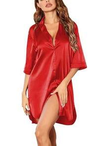 Women's Satin Nightshirt Button Down Sleepshirt Silk 3/4 Sleeve Nightgown Boyfriend Notch Collar Sleepwear S-3XL - 紅色 - 查看 1