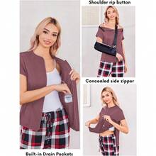 Local Delivery--Deyeek Mastectomy Shirts With Drain Pockets Post Shoulder Surgery Tops For Women Chemo Port Short Sleeve With Zippers - 深紅色 - 查看 4
