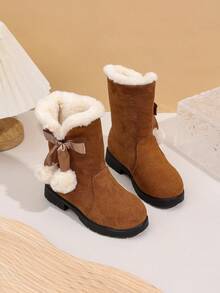 Girls' Princess Wool Snow Boots With Bows, High-Top Warm Lining Boots, Winter Outdoor Winter Shoes - Brown - View 4