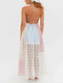 Women Spaghetti Strap Floral Maxi Dress Y2k Halter Lace Trim Tie Up Ruffle Long Dress Summer Boho Flowy Sundress - 彩色 - 查看 9