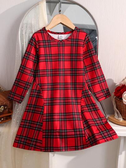 Robe à carreaux rouge et noir style britannique à manches longues pour fille – Robe pull mi-longue trapèze décontractée en tricot, robe à carreaux à la mode à manches longues pour les vacances printemps/automne, douce et confortable, robe de Noël pour fille, cadeau de Noël, idéale pour diverses occasions : quotidien, extérieur, vacances, rassemblement, fête