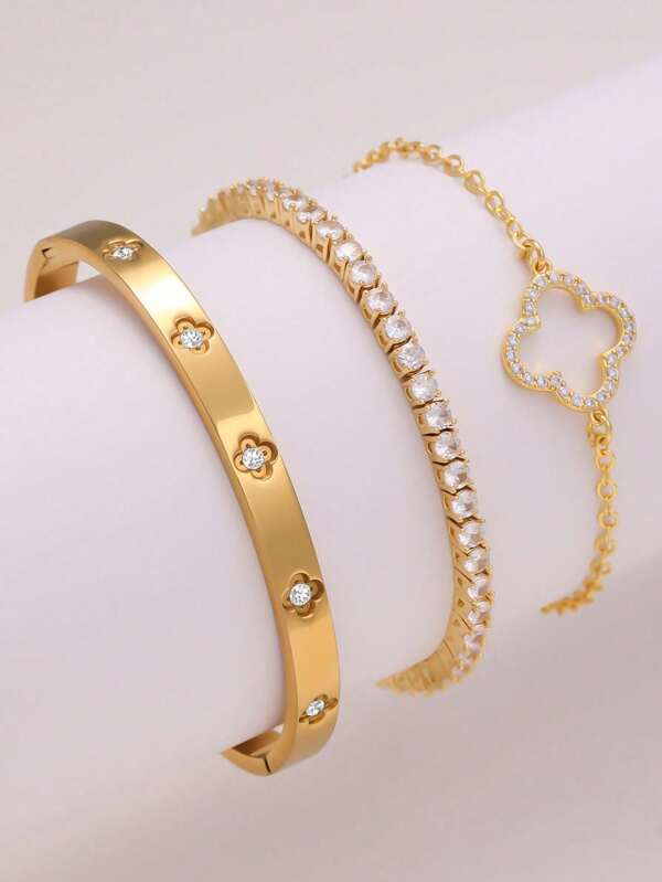 3pcs/Set Women's Luxury Zirconia Bracelet, Zirconia Lucky Clover Bracelet Set, Suitable For Formal Occasions, Weddings, Parties, Gifts