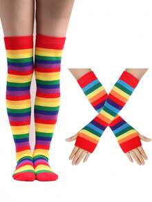 1 Set Knitted Rainbow Striped Leg Warmers & Gloves Set, Fashionable Creative Style, Skin-Friendly & Soft, Fits Teens & Women, Suitable For All Seasons - Multicolor - View 7