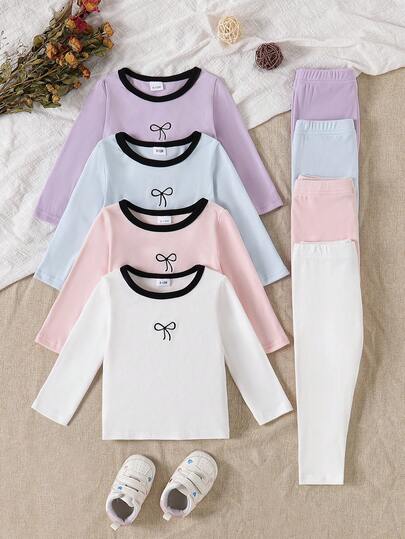 8 Stücke/Set Baby Mädchen Lässiger, süßer Langarm-Top und Hosen Set für den Herbst, Rundhals-Pullover mit Schleifen-Stickerei Dekor, Hose mit elastischem Bund, warmer Fleece-Stretch-Stoff, geeignet für drinnen und Outdoor