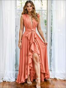 Vestido Largo de Hombros Descubiertos con Escote en V Profundo y Volantes Delicados con Abertura Lateral Alta en Pierna y Cinturón Ajustable Elegante para Mujer - Naranja - Ver 3
